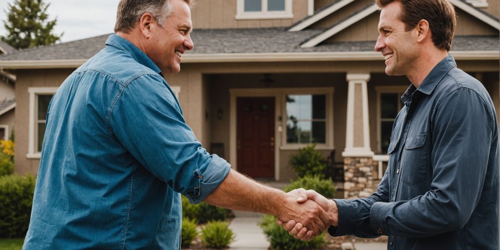 Homeowner and buyer shaking hands in front of house